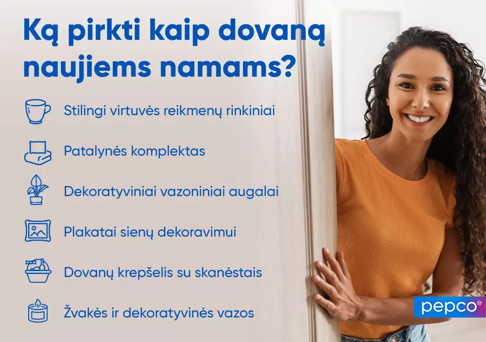 Pepco reklama su namų apstatymo prekių sąrašu, įskaitant virtuvės reikmenis, patalynę ir dekoracijas naujam būstui.