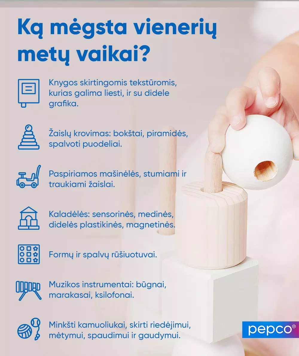 Vaiko ranka laiko medinį kamuoliuką su žaislu, šalia informacija apie vaikų žaislus lietuvių kalba.