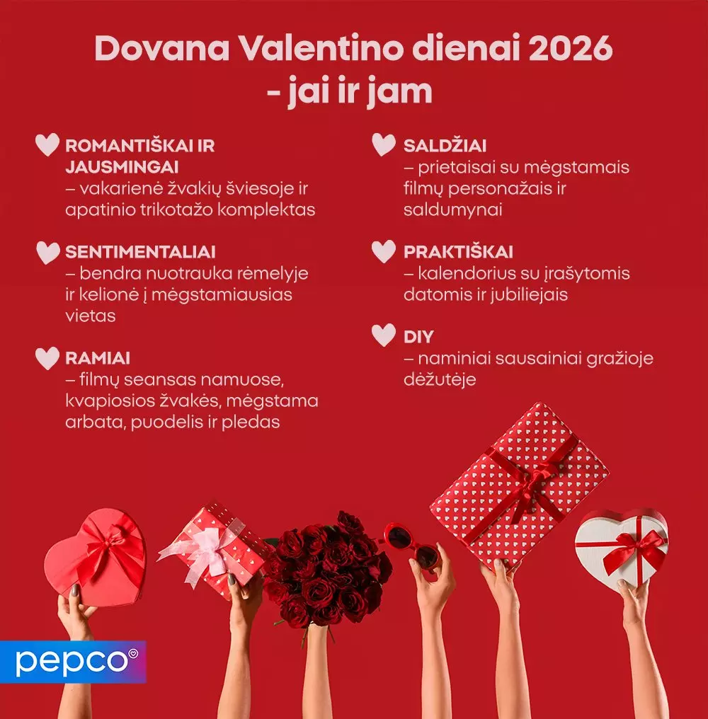 Pepco Valentino dienos dovanų idėjos 2026 metams su įvairiais pasiūlymais poroms ir rankomis, laikančiomis dovanas raudoname fone.