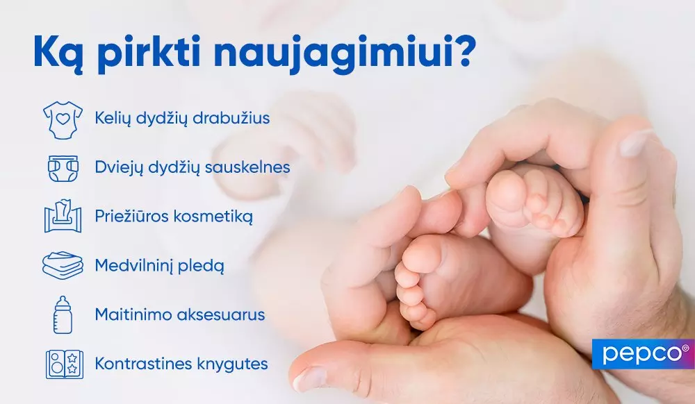 Pepco infografika apie naujagimio reikmenis su kūdikio pėdute suaugusiojo rankose ir sąrašu būtinų pirkinių.