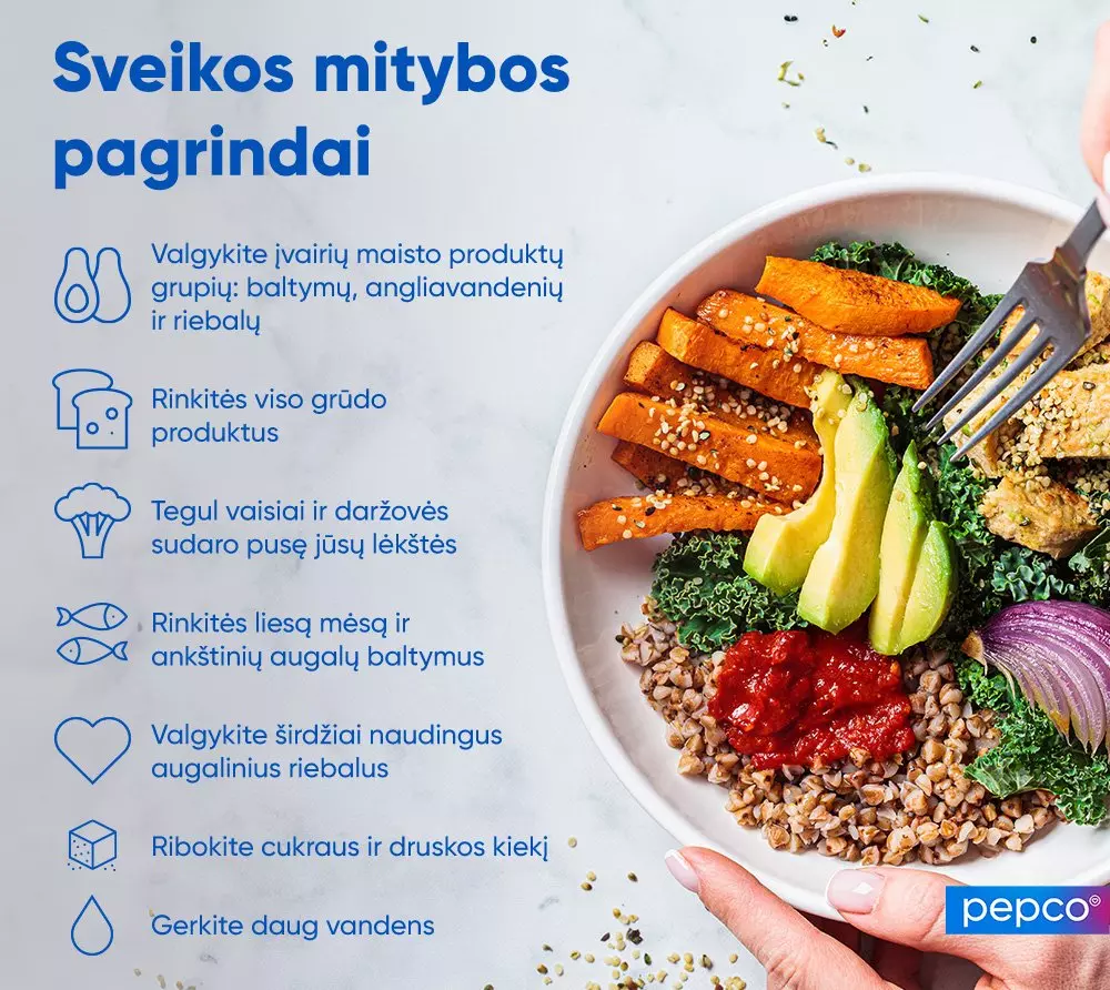 Sveiko maisto dubuo su kepintomis morkomis, avokadu, ridikėliais, kopūstais ir grūdais, Pepco.