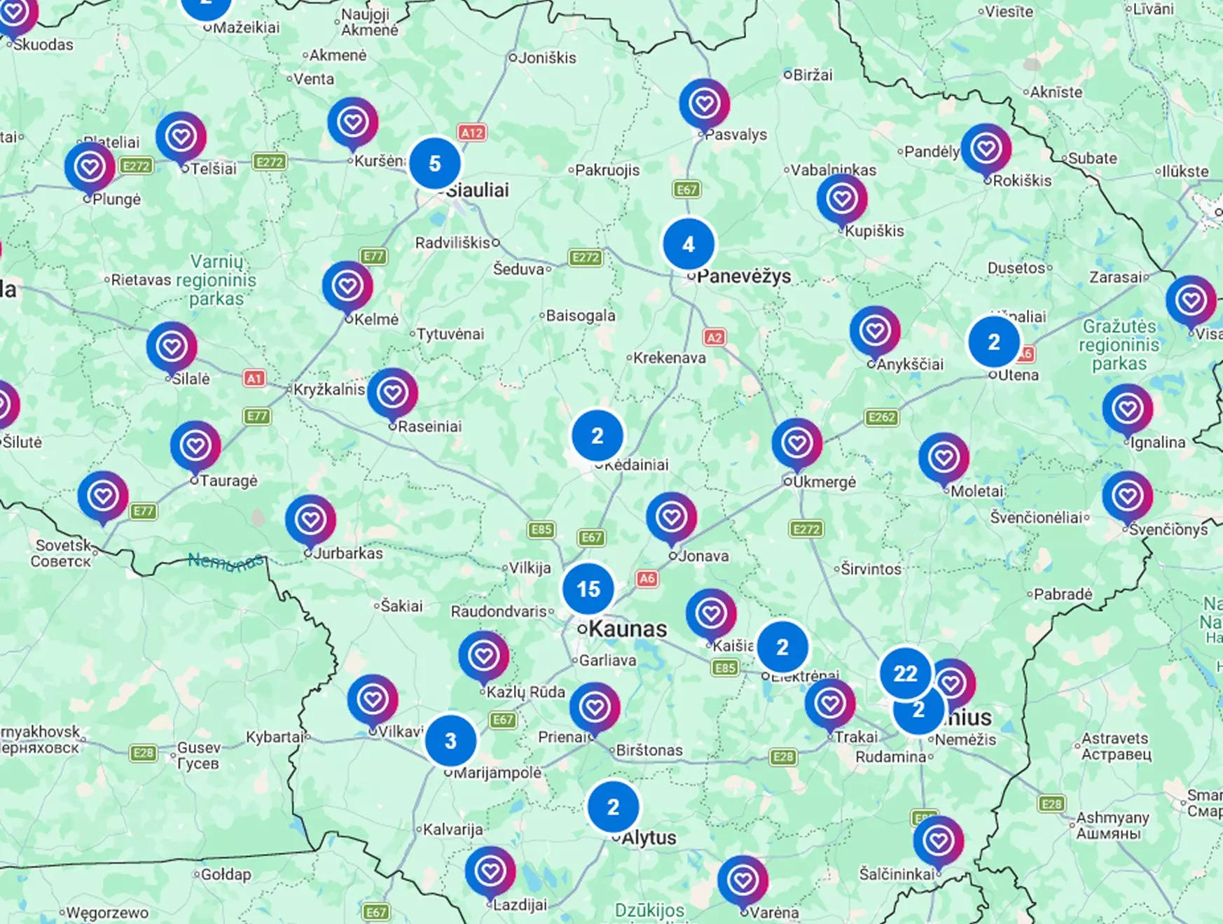 Pepco parduotuvių žemėlapis Lietuvoje su pažymėtomis vietomis ir skaičiais.