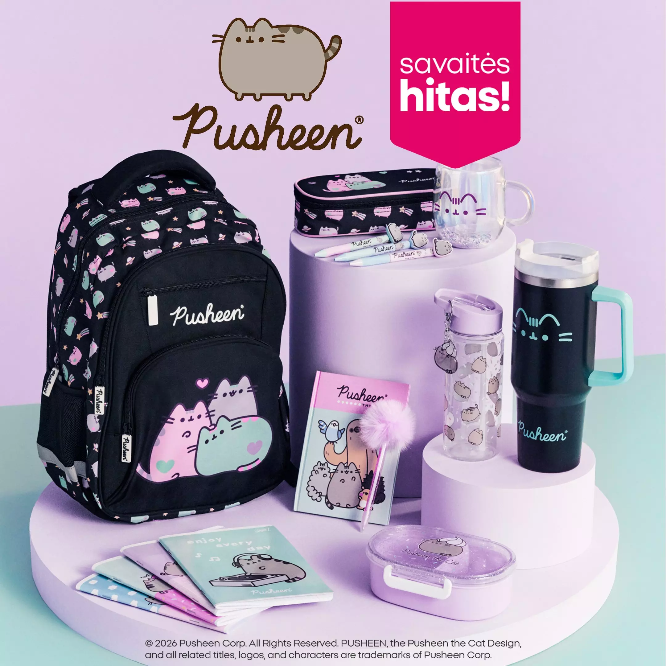 Pepco Pusheen prekės ženklo mokyklinių reikmenų kolekcija su kuprine, gertuvėmis, pieštukine ir užrašų knygomis.