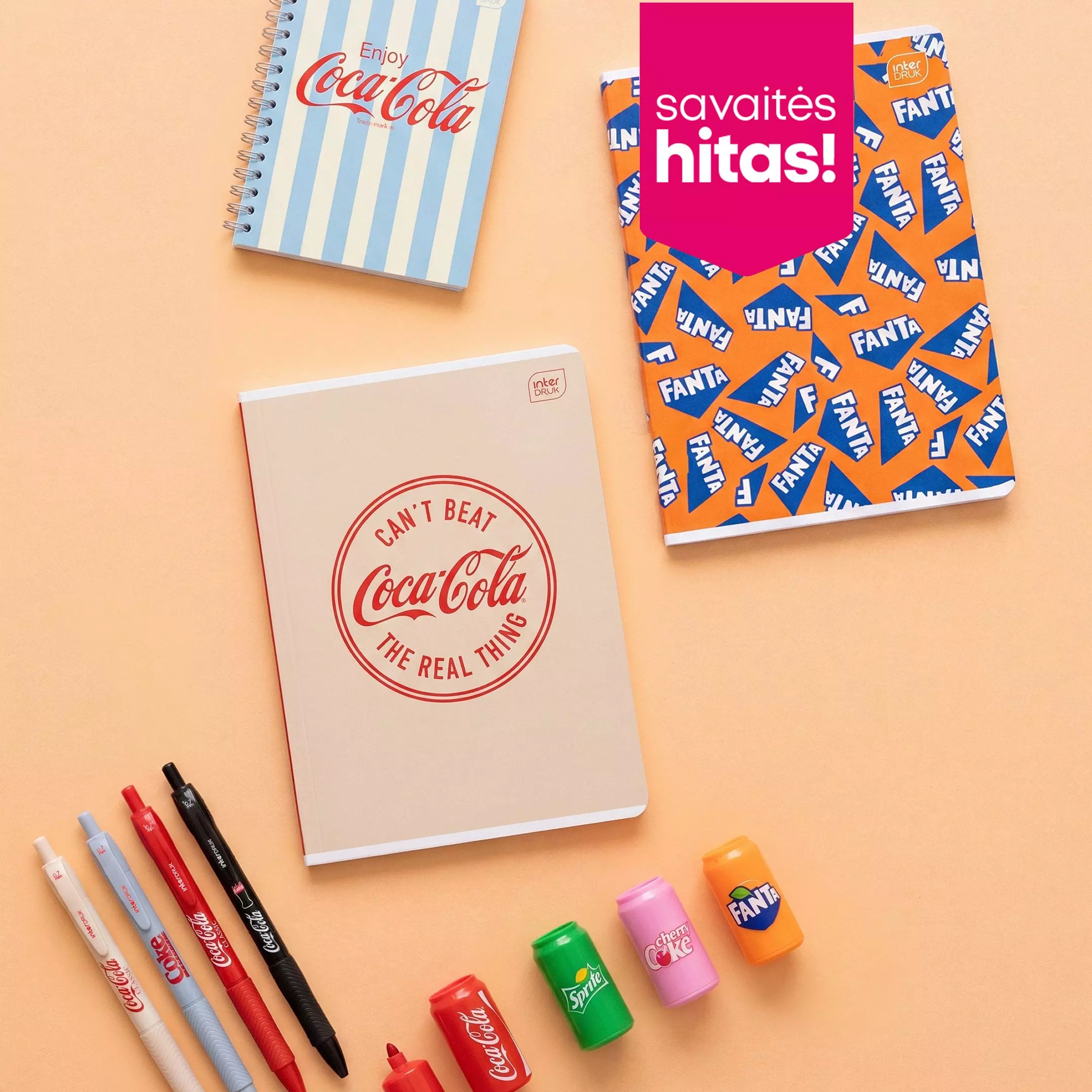 Pepco Coca-Cola ir Fanta sąsiuvinių bei rašiklių rinkinys mokyklai.