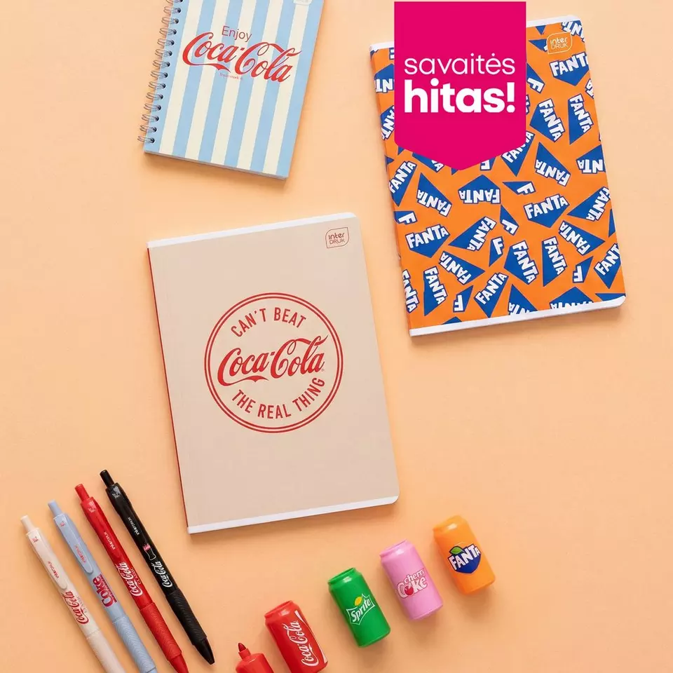 Pepco Coca-Cola ir Fanta sąsiuvinių bei rašiklių rinkinys mokyklai.