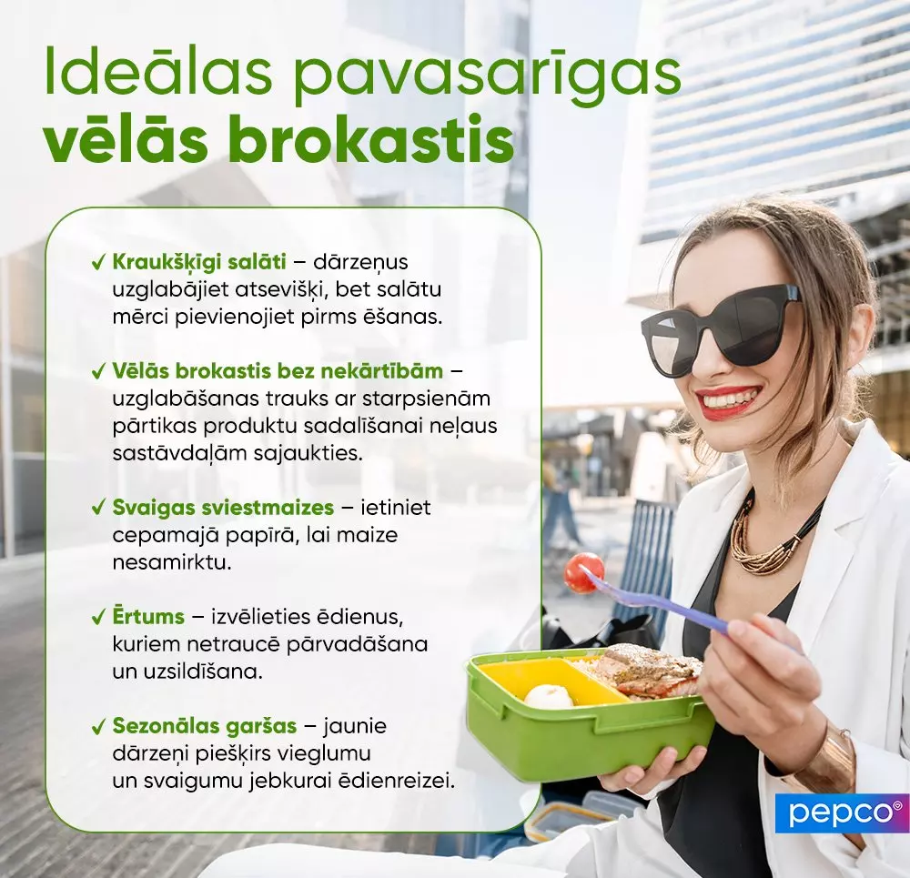 Sieviete saulesbrillēs bauda pusdienas no Pepco daudznodalījumu konteinera, ar padomiem par ideālām pavasara pusdienām.