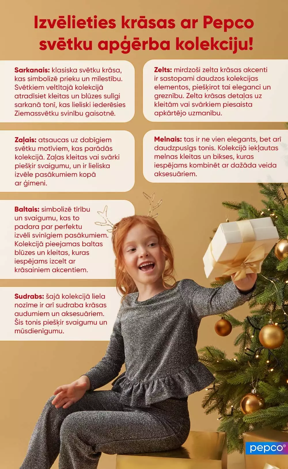 Bērns spīdīgā pelēkā Pepco svārkos un blūzē svin Ziemassvētkus, turot dāvanu pie eglītes, ar krāsu aprakstiem reklāmā.