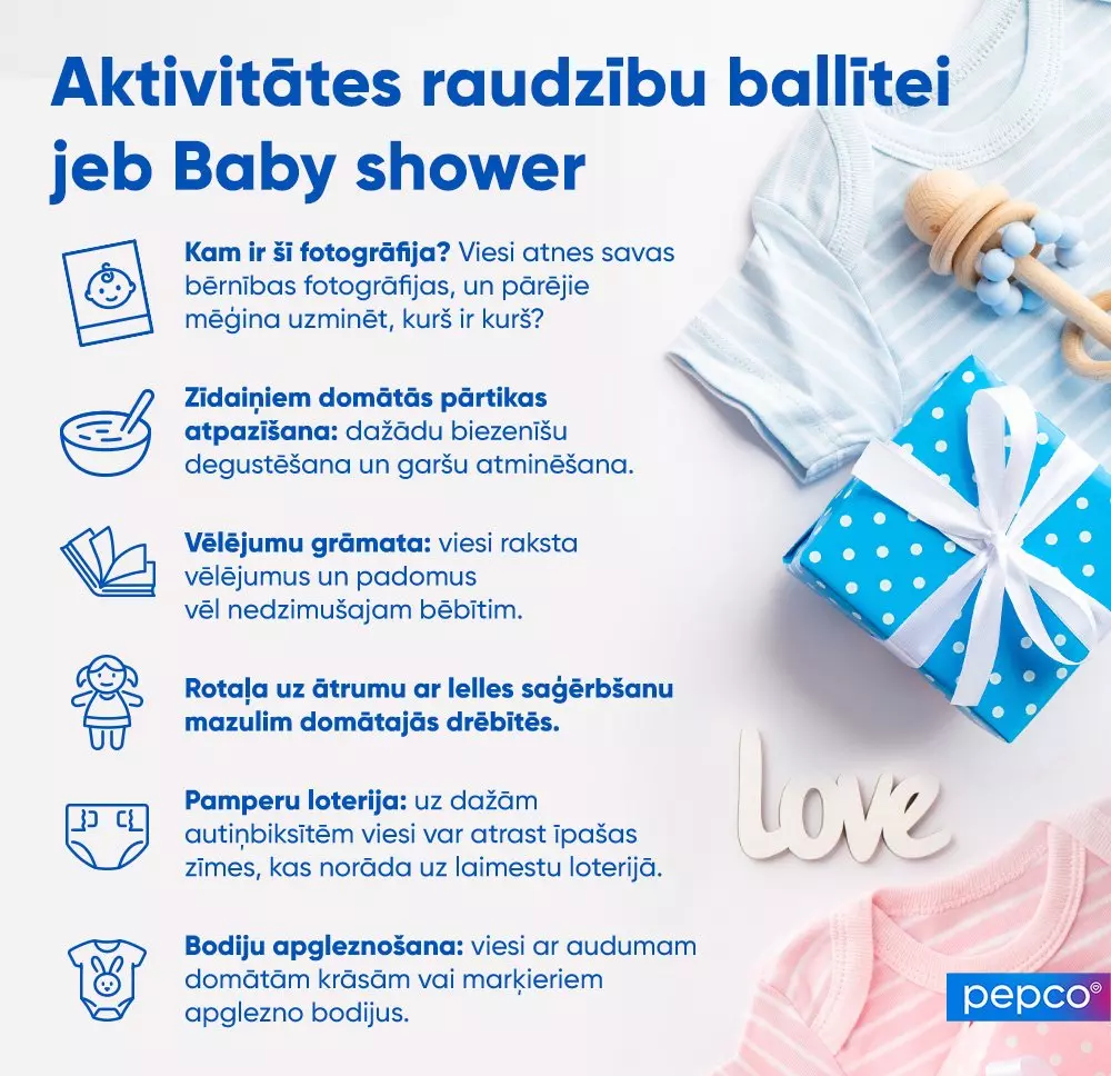 Pepco bērnu ballītes spēļu saraksts ar zilu un rozā bērnu apģērbu, koka grabuļa rotaļlietu un iesaiņotu dāvanu.