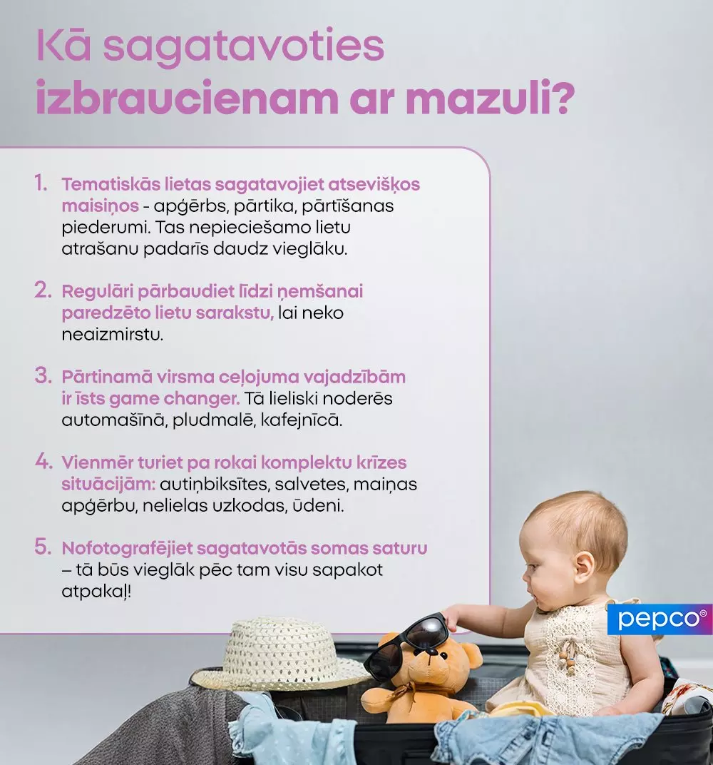 Pepco informatīvais attēls ar 5 padomiem, kā sapakot mantas ceļojumam ar mazuli, kurš sēž koferī ar rotaļlietām un cepuri.
