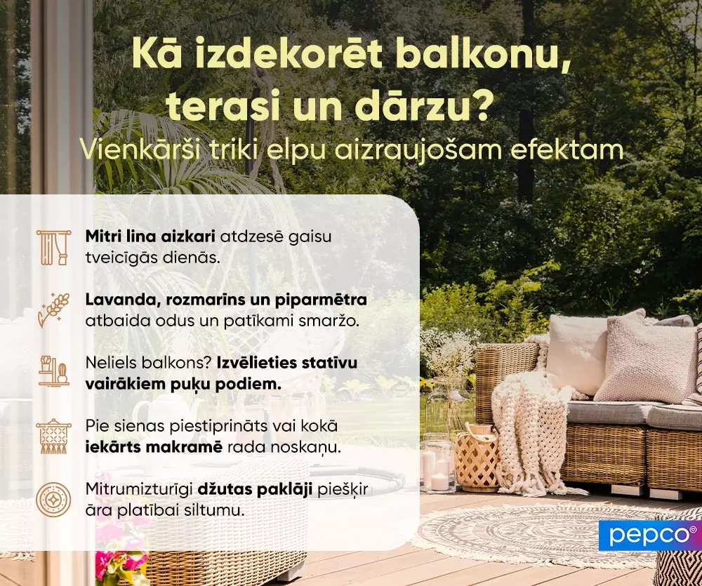 Pepco infografika ar padomiem balkona un terases dekorēšanai, rādot mājīgu āra telpu ar rotaņpītu dīvānu un paklājiem.