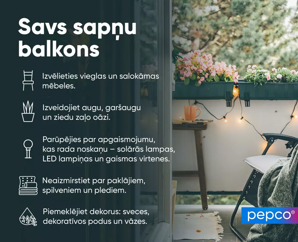 Pepco reklāma ar mājīgu balkonu, kurā redzamas puķes, gaismas virtenes, krēsls ar segu un padomi balkona iekārtošanai.