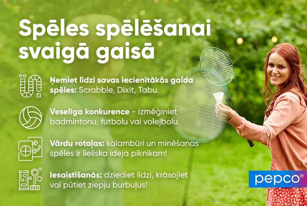 Pepco piknika izklaides ceļvedis ar badmintona spēli un ieteikumiem dažādām aktivitātēm svaigā gaisā.
