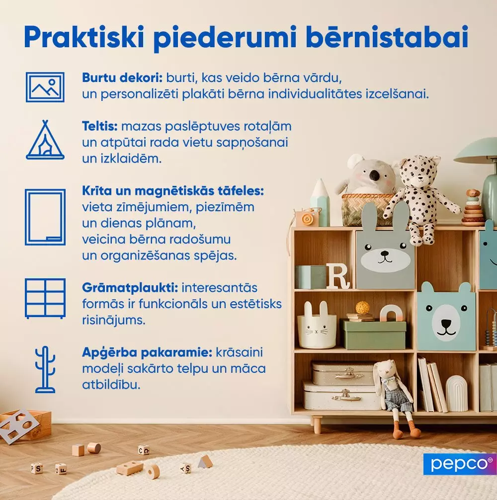 Pepco informatīvā grafika par praktiskiem bērnu istabas dekorācijas elementiem ar plauktiem, rotaļlietām un dekoratīviem uzglabāšanas risinājumiem.