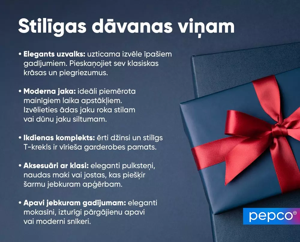 Pepco reklāma ar zilu dāvanu kasti, sarkanu lenti un tekstu par stilīgām dāvanu idejām vīriešiem, ieskaitot uzvalki un aksesuāri.