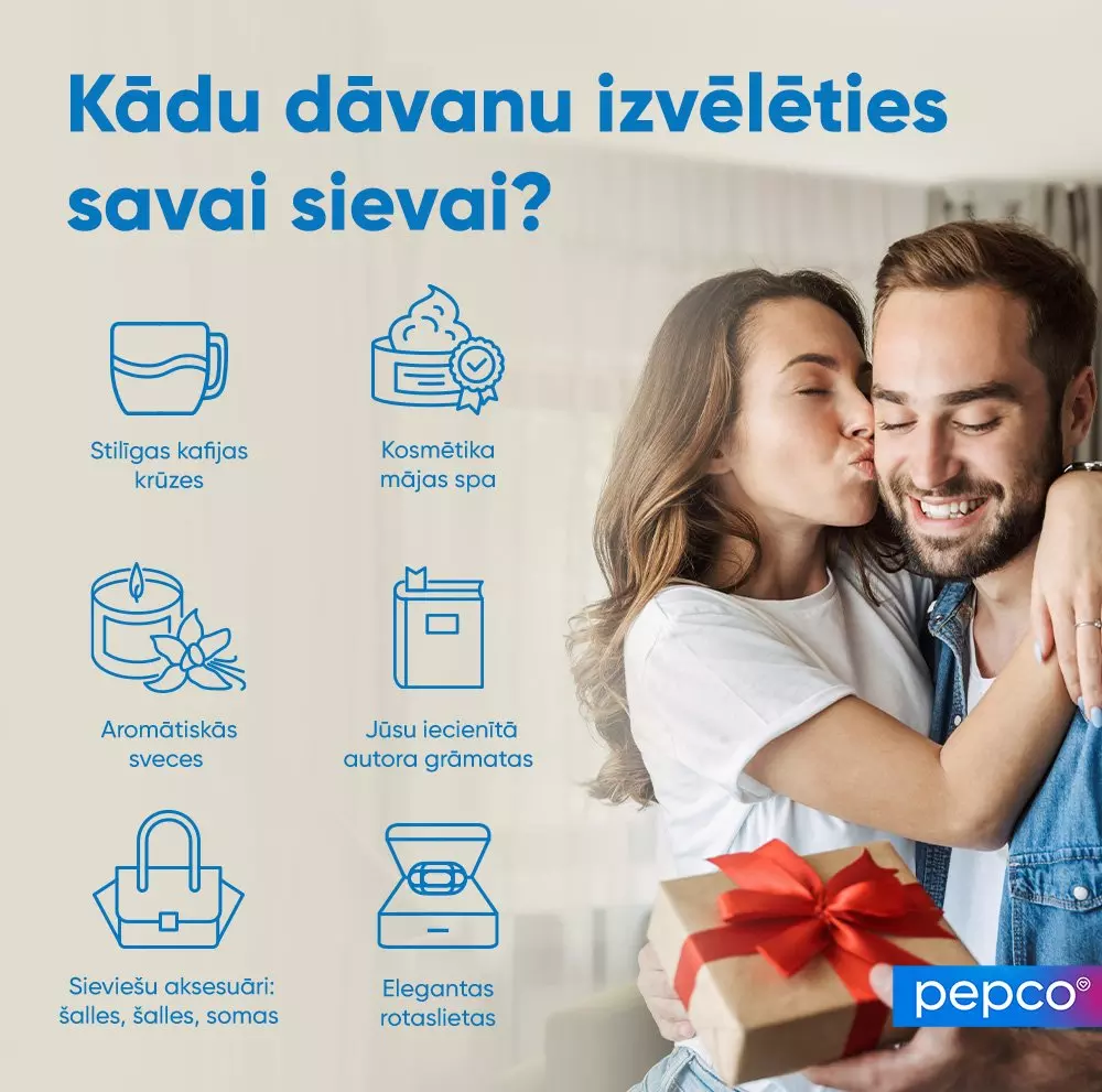 Pāris ar dāvanu kasti, Pepco reklāma ar sešām dāvanu idejām sievām: kafijas krūzes, grāmatas, sveces, rotaslietas, aksesuāri un kosmētika.