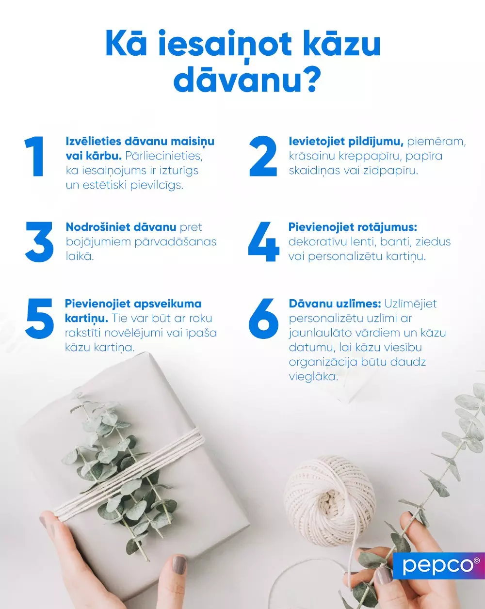 Pepco infografika ar sešiem soļiem kāzu dāvanas iesaiņošanai, parādot eleganti iesaiņotu dāvanu ar eikaliptu un auklu.
