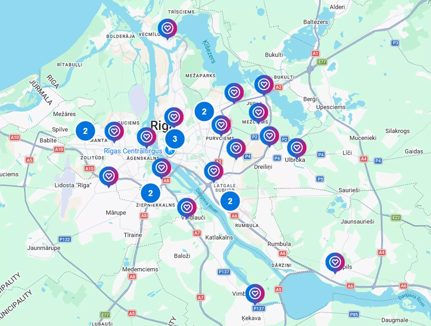 Pepco veikalu atrašanās vietu karte Rīgā un apkārtnē ar atzīmētām filiālēm.