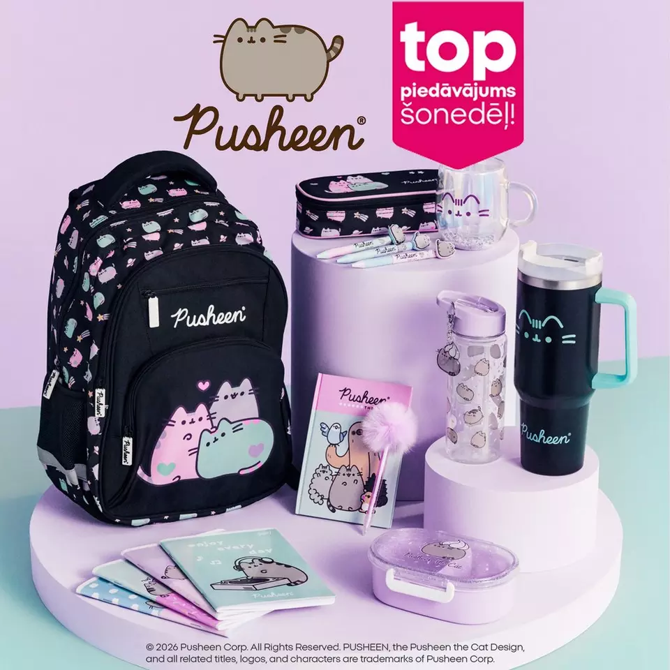 Pepco Pusheen zīmola skolas piederumu kolekcija ar mugursomas, ūdens pudelēm, rakstāmpiederumiem un somas.