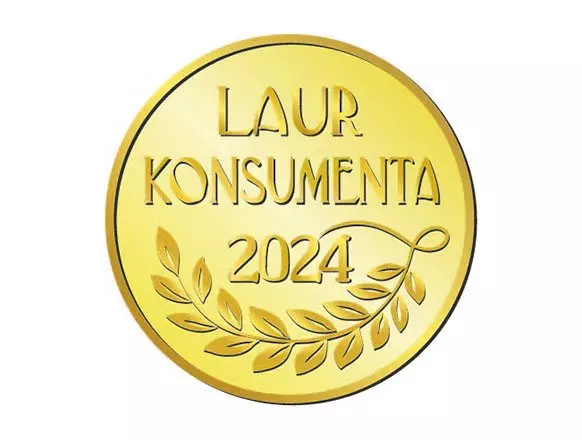 Złoty medal z napisem "LAUR KONSUMENTA 2024" ozdobiony gałązką laurową, przyznany marce Pepco.