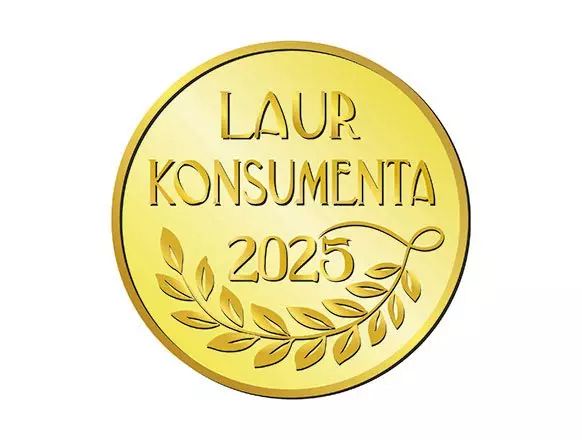 Golden medal with "LAUR KONSUMENTA 2025" inscription and decorative laurel leaves, awarded to Pepco.