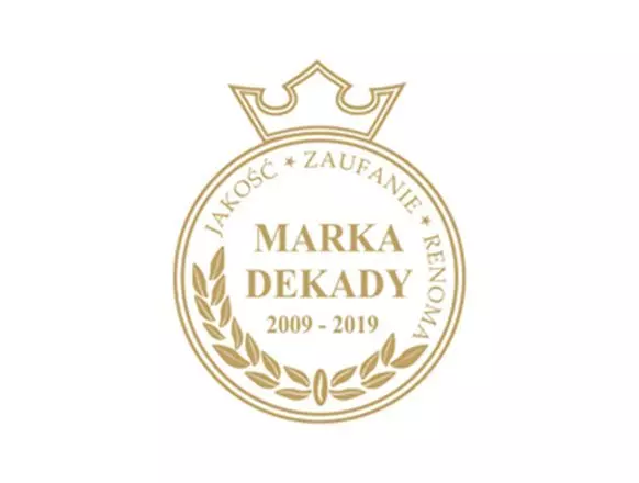 Gold emblem for Pepco showing MARKA DEKADY 2009-2019 with crown and laurel wreath, featuring Polish words for quality and trust.