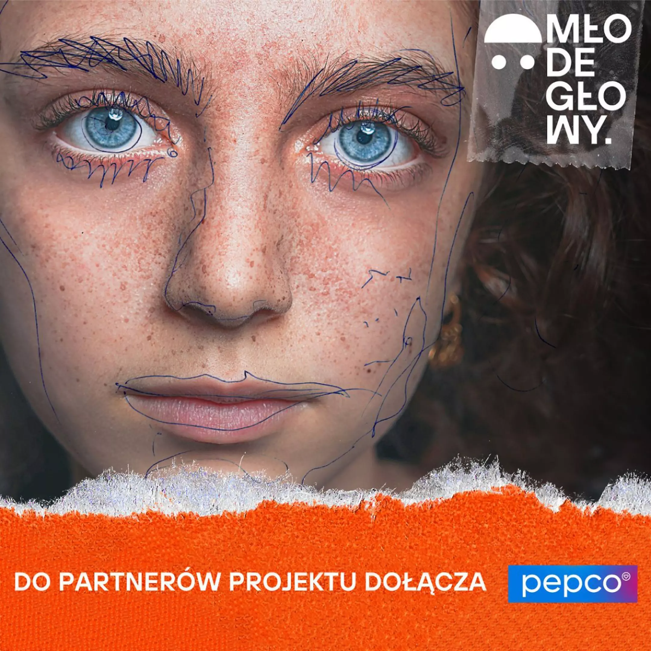 Close-up of a face with blue eyes and freckles, featuring blue sketch lines overlaid. Pepco joins as project partner.
