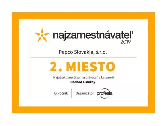 Certifikát najzamestnavateľ 2019 pre Pepco Slovakia, s.r.o., 2. miesto v kategórii Obchod a služby.