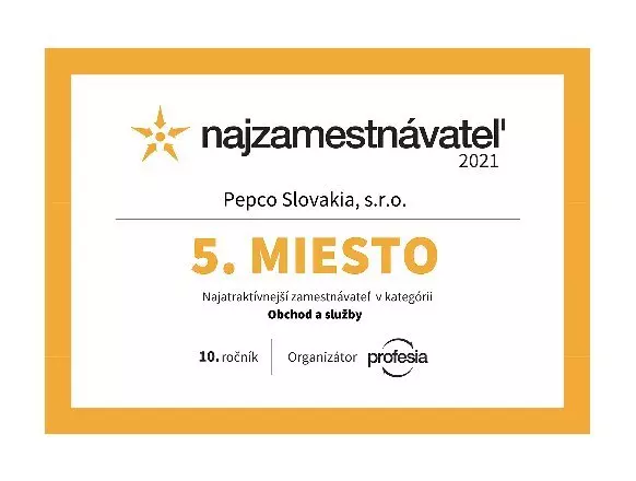 Certifikát najzamestnávateľ 2021, Pepco Slovakia s.r.o. získalo 5. miesto v kategórii Obchod a služby.