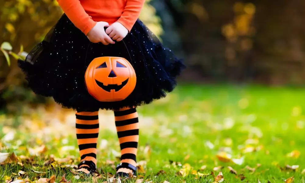 Dziecko w halloweenowym stroju z czarną spódniczką, pomarańczowo-czarnymi rajstopami i dyniowym koszyczkiem od Pepco.