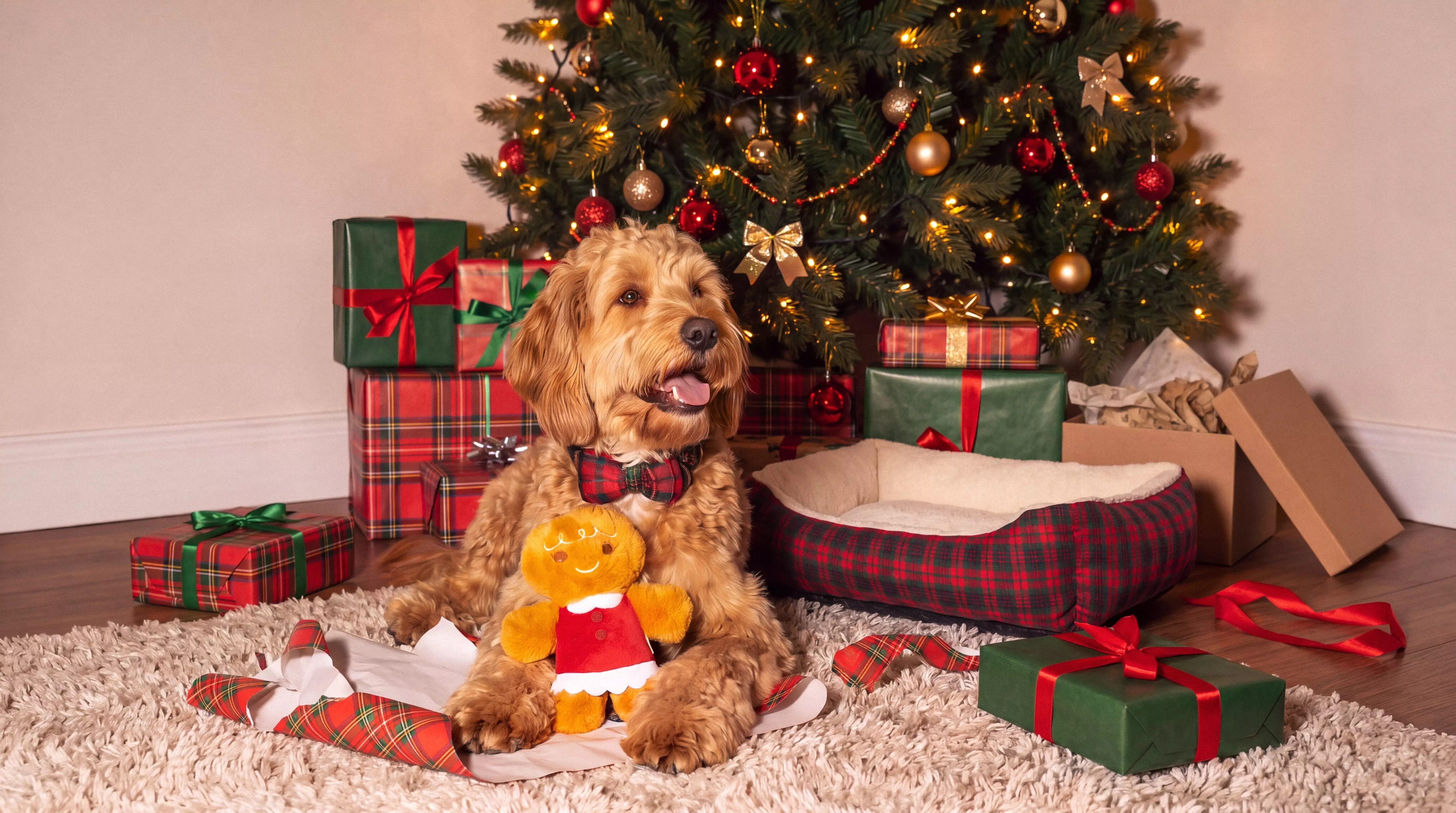 Pepco dog wearing tartan bow tie sitting with gingerbread toy beside Christmas tree, gifts and tartan dog bed.