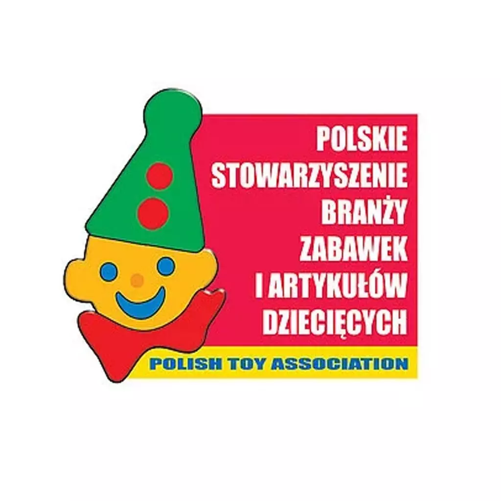 Logo Polskiego Stowarzyszenia Branży Zabawek i Artykułów Dziecięcych z kolorową maskotką w czapce, partner Pepco.
