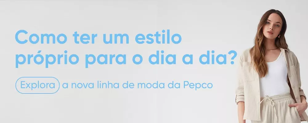 Mulher veste conjunto bege casual com texto "Como ter um estilo próprio para o dia a dia? Explora a nova linha de moda da Pepco".