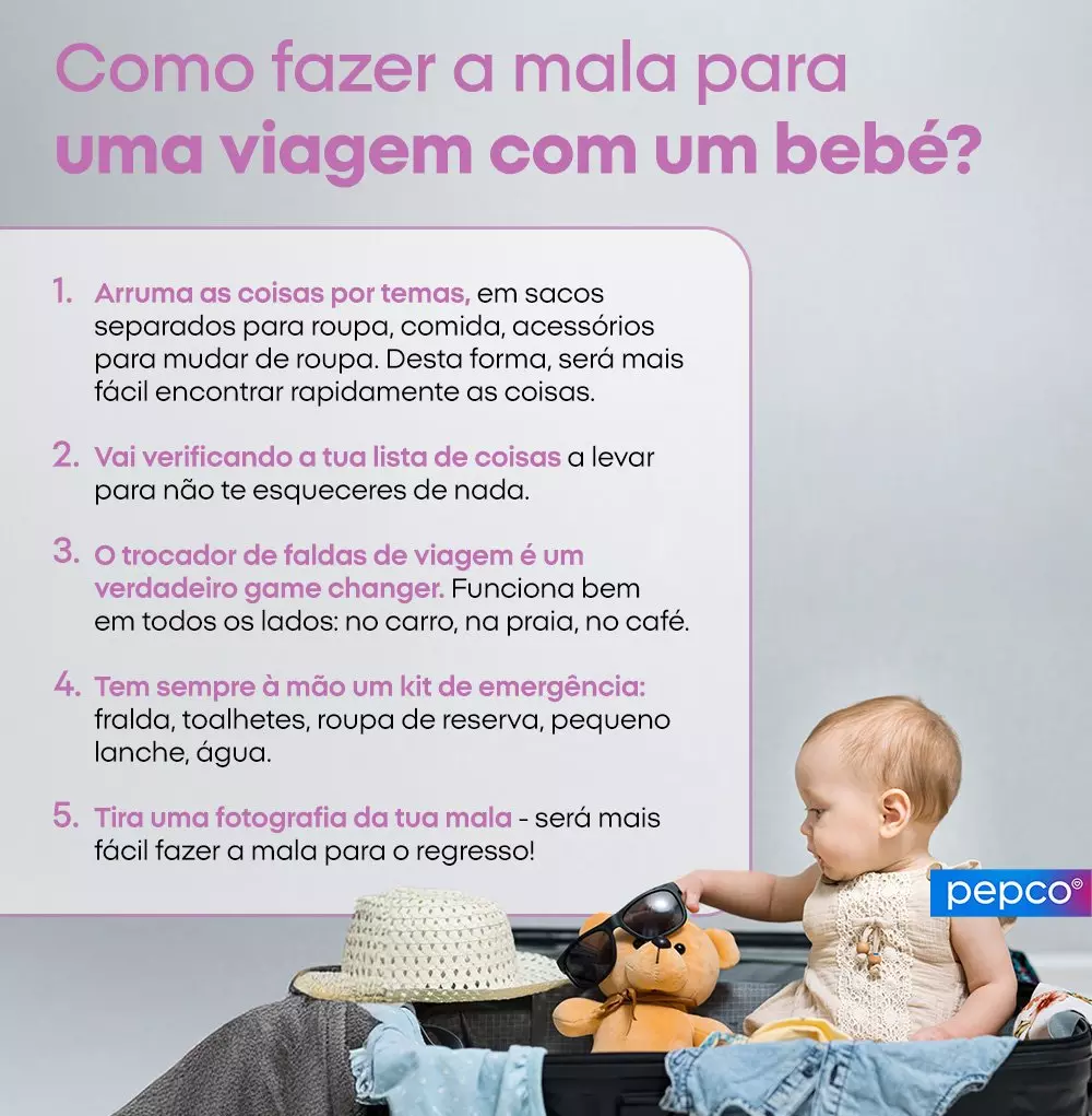 Guia Pepco com 5 dicas para viajar com bebés, mostrando um bebé sentado numa mala com chapéu de palha e ursinho de pelúcia.