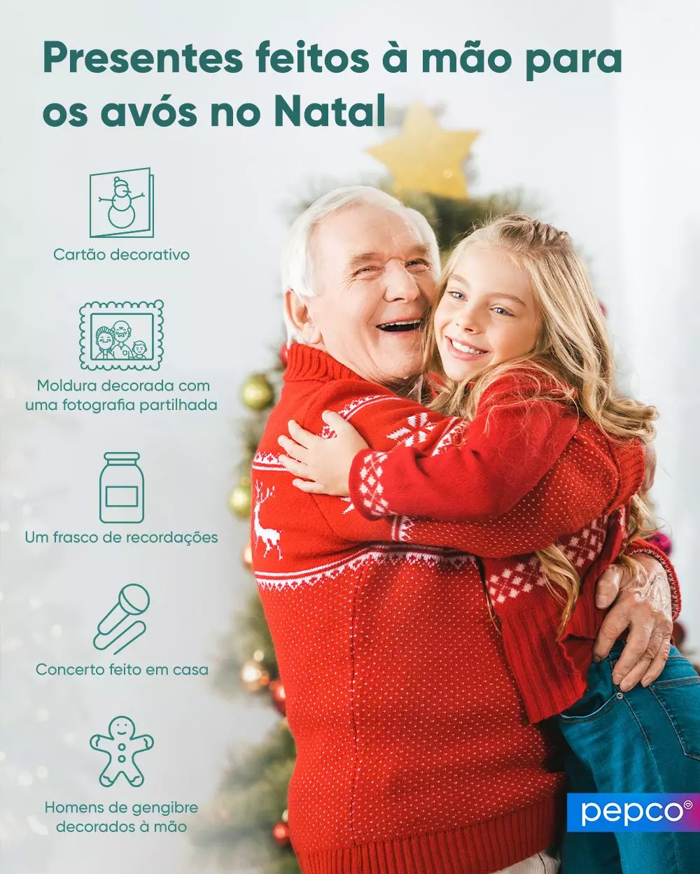 Anúncio da Pepco com ideias de presentes artesanais para avós no Natal, mostrando pessoas abraçadas com camisolas vermelhas festivas.