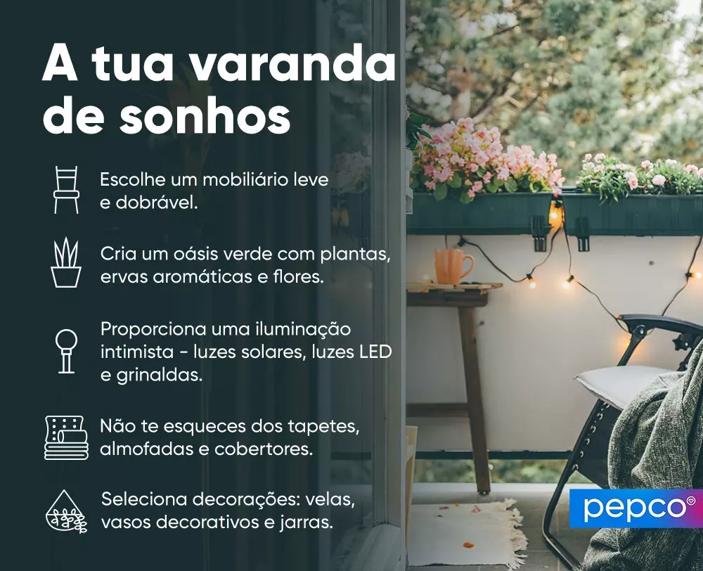 Anúncio da Pepco mostrando uma varanda decorada com flores, luzes e mobiliário, com dicas para criar o seu espaço ideal.