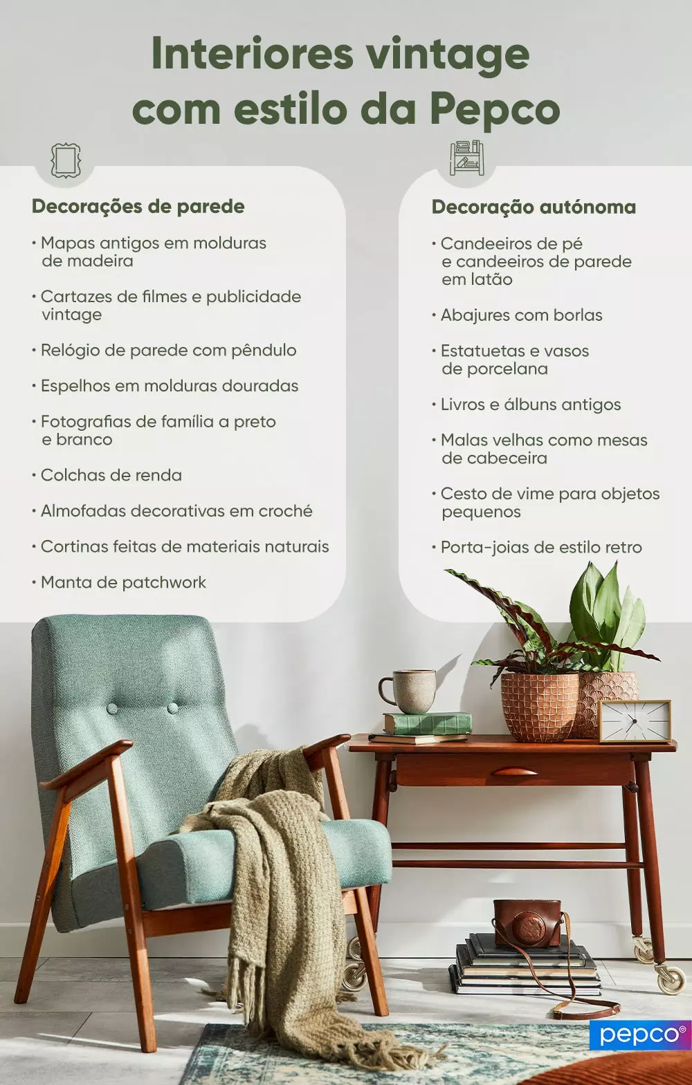 Infográfico Pepco mostrando decoração vintage com poltrona verde, mesa lateral e lista de ideias para decorações de parede e independentes.
