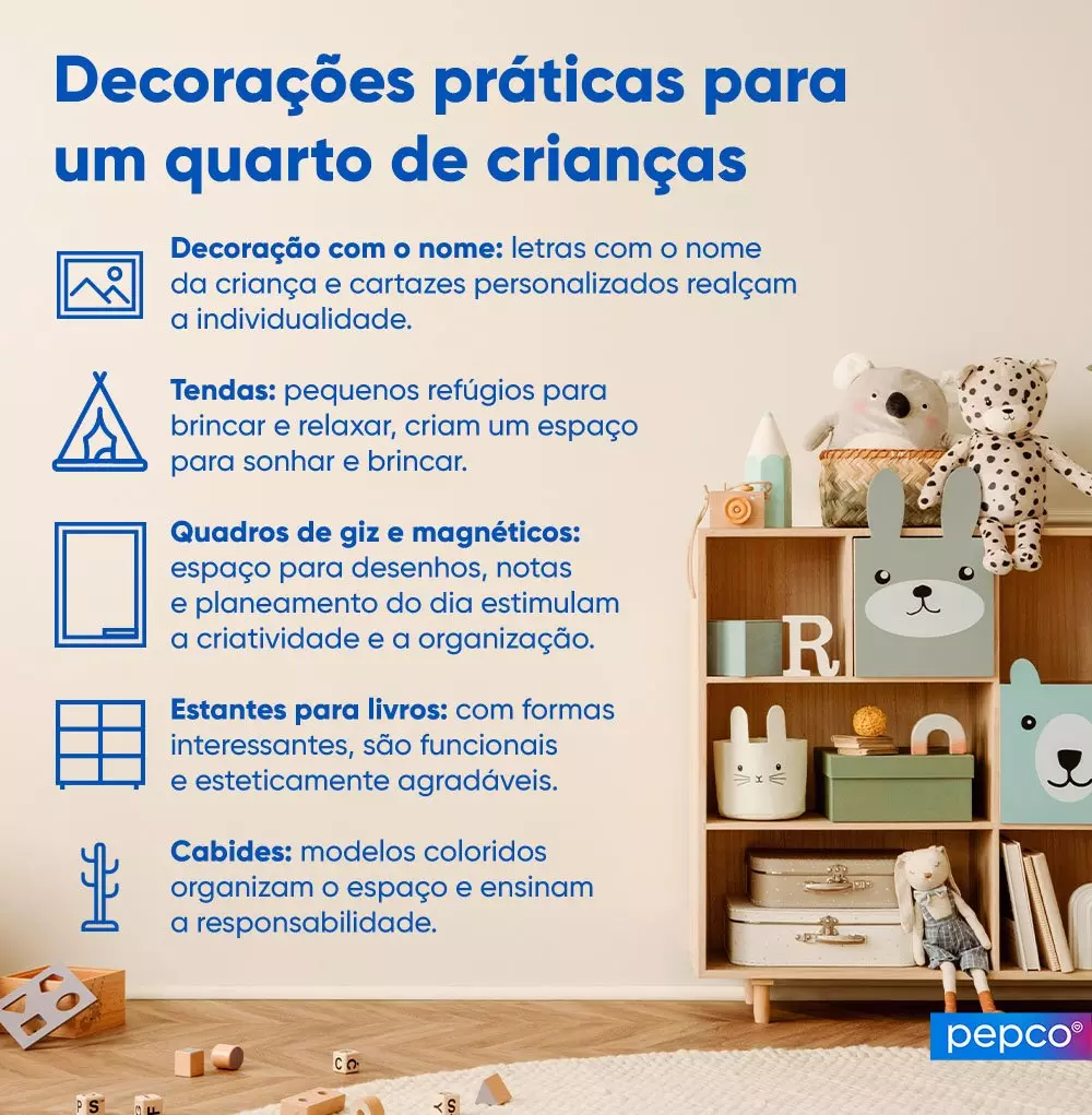Infográfico da Pepco sobre decorações práticas para quartos infantis com estante de arrumação.