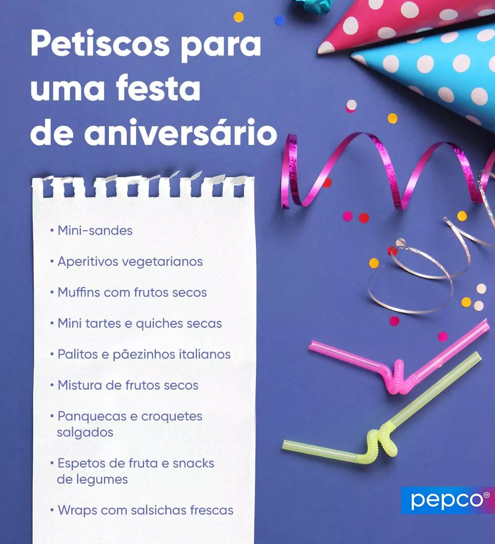 Lista de snacks para festa de aniversário da Pepco com chapéus de festa, fitas coloridas e palhinhas decorativas.