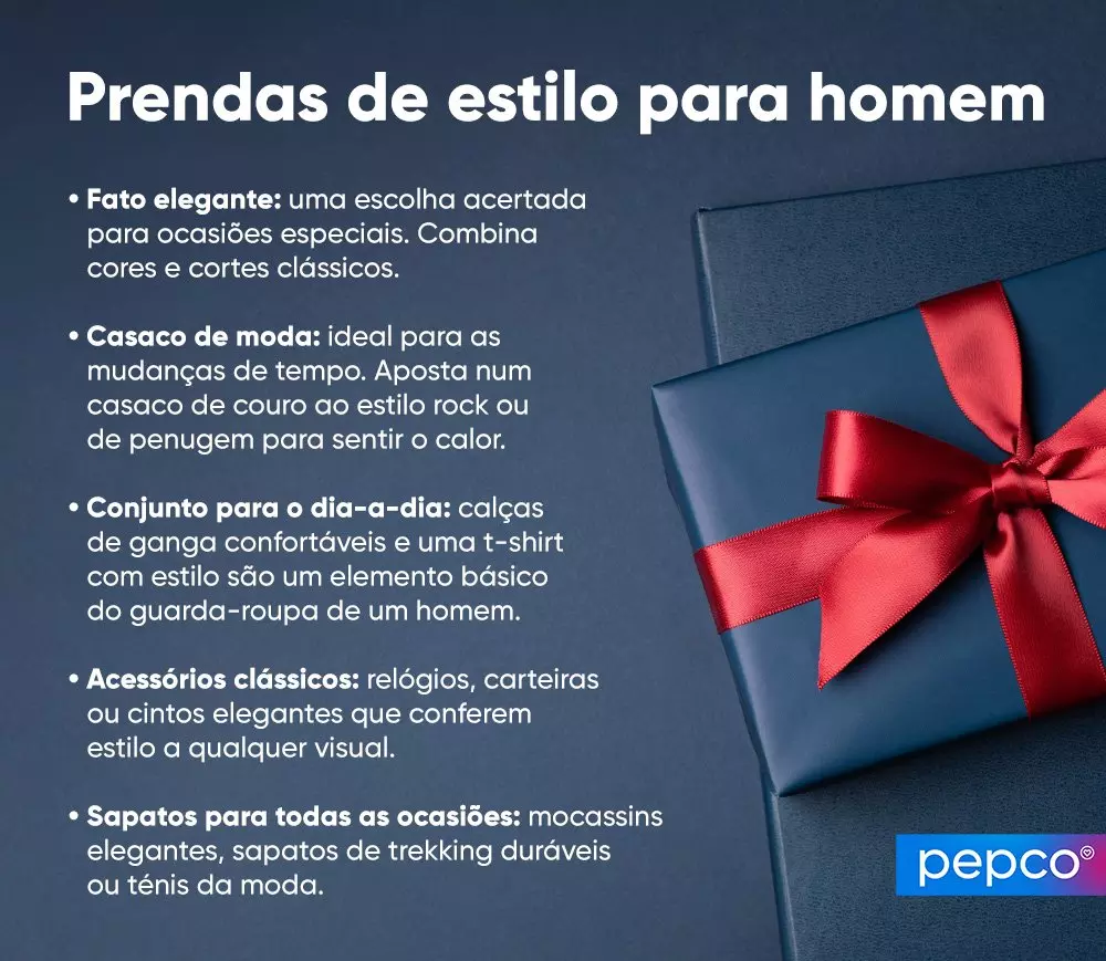 Caixa de presente azul marinho com laço vermelho ao lado de texto sobre prendas de estilo para homem.