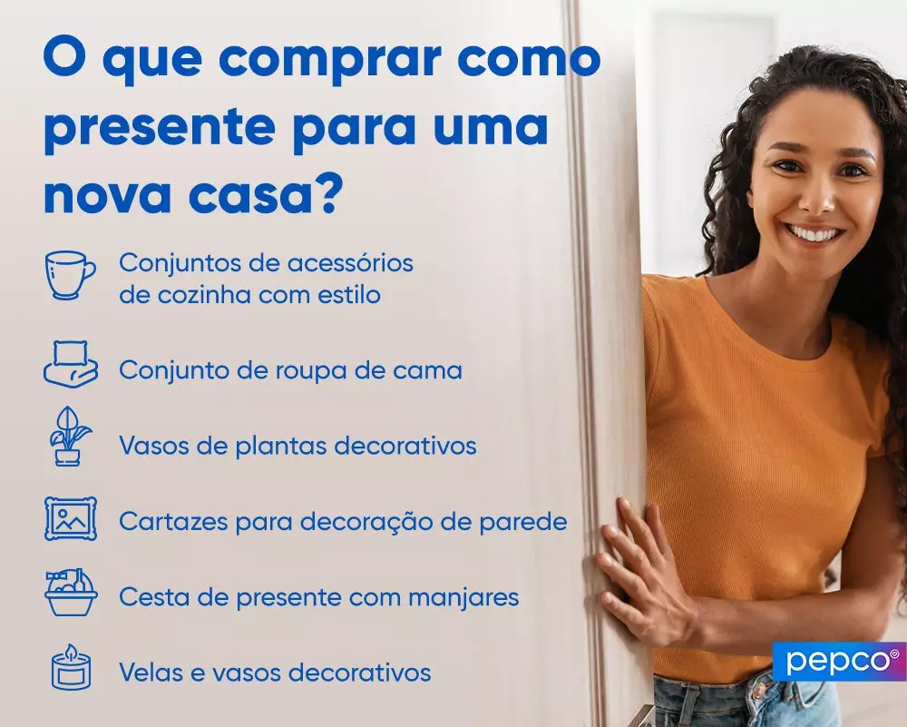 Anúncio da Pepco apresentando lista de produtos para nova casa, incluindo acessórios de cozinha, roupa de cama e decoração.