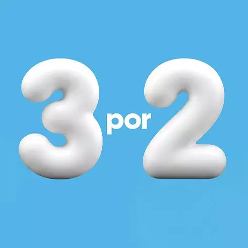 Promoção Pepco 3 por 2 com números brancos em 3D sobre fundo azul.