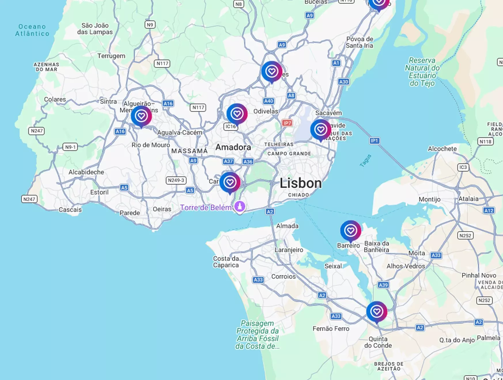 Mapa de localização das lojas Pepco na região de Lisboa e arredores com marcadores de localização.