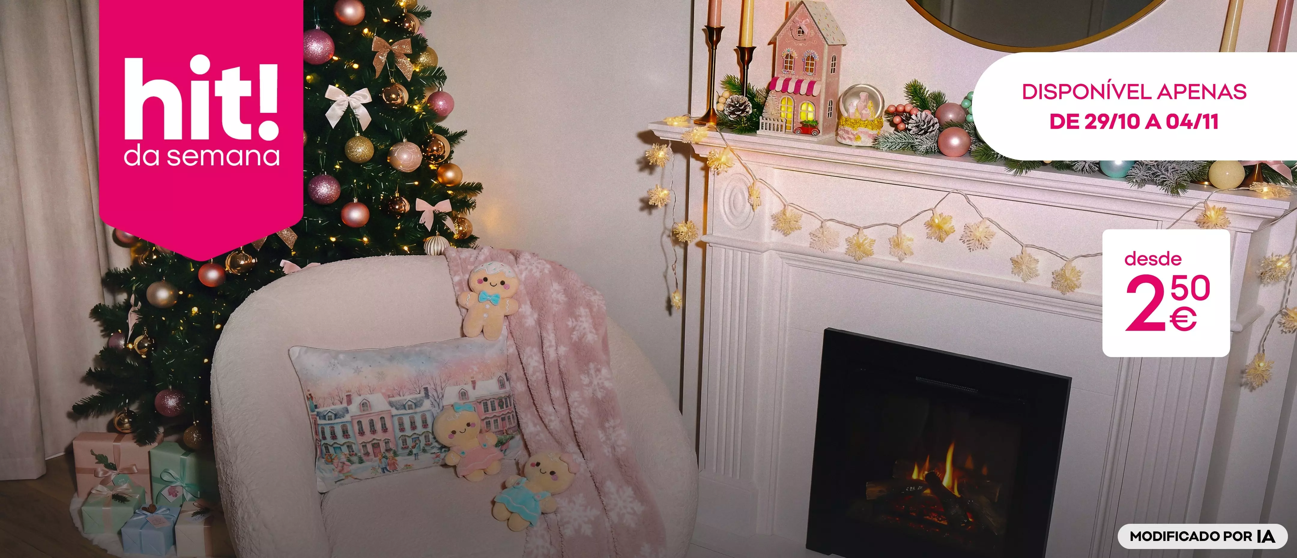 Decoração de Natal Pepco com árvore, lareira com luzes e cadeira com almofada e bonecos de gengibre.