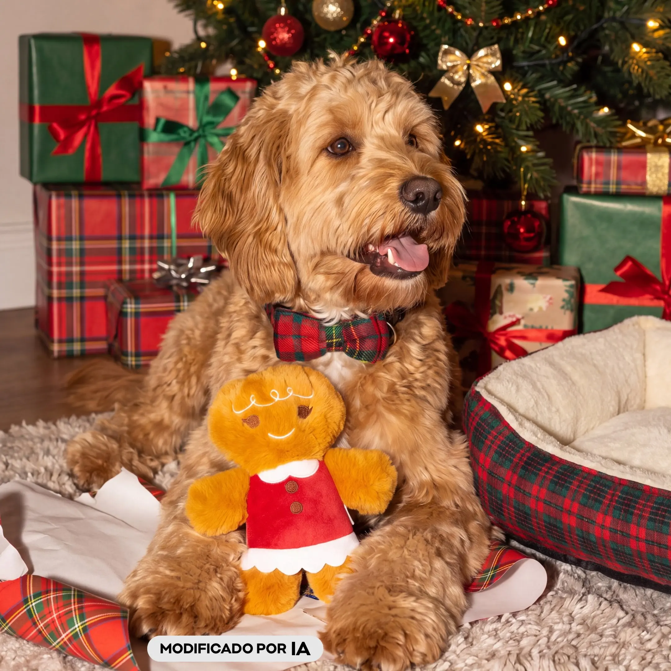 Cão com laço xadrez segura peluche natalício Pepco junto à árvore de Natal decorada com presentes.