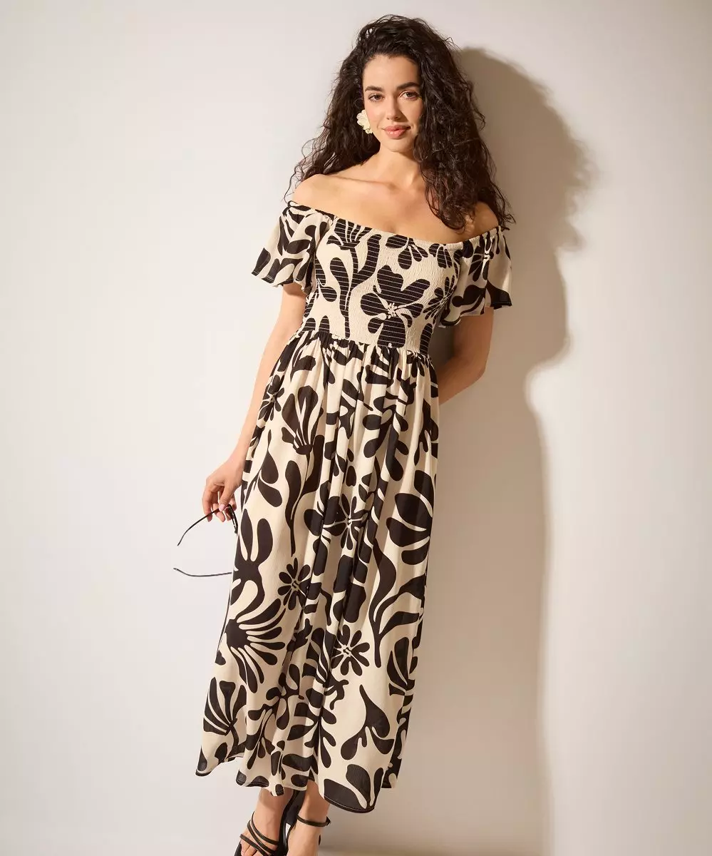 Pepco off-the-shoulder maxi dress with black and beige floral print and puff sleeves.