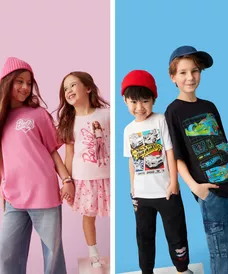 Children wearing themed clothing - girls in Barbie outfits on pink background, boys in Hot Wheels apparel on blue background.
