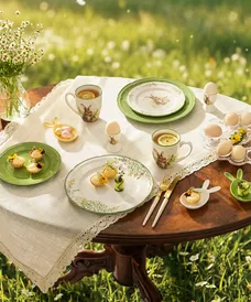 Wielkanocne nakrycie stołu z zastawą ozdobioną motywami króliczków, jajka, herbata z cytryną i drobne przekąski na łące.