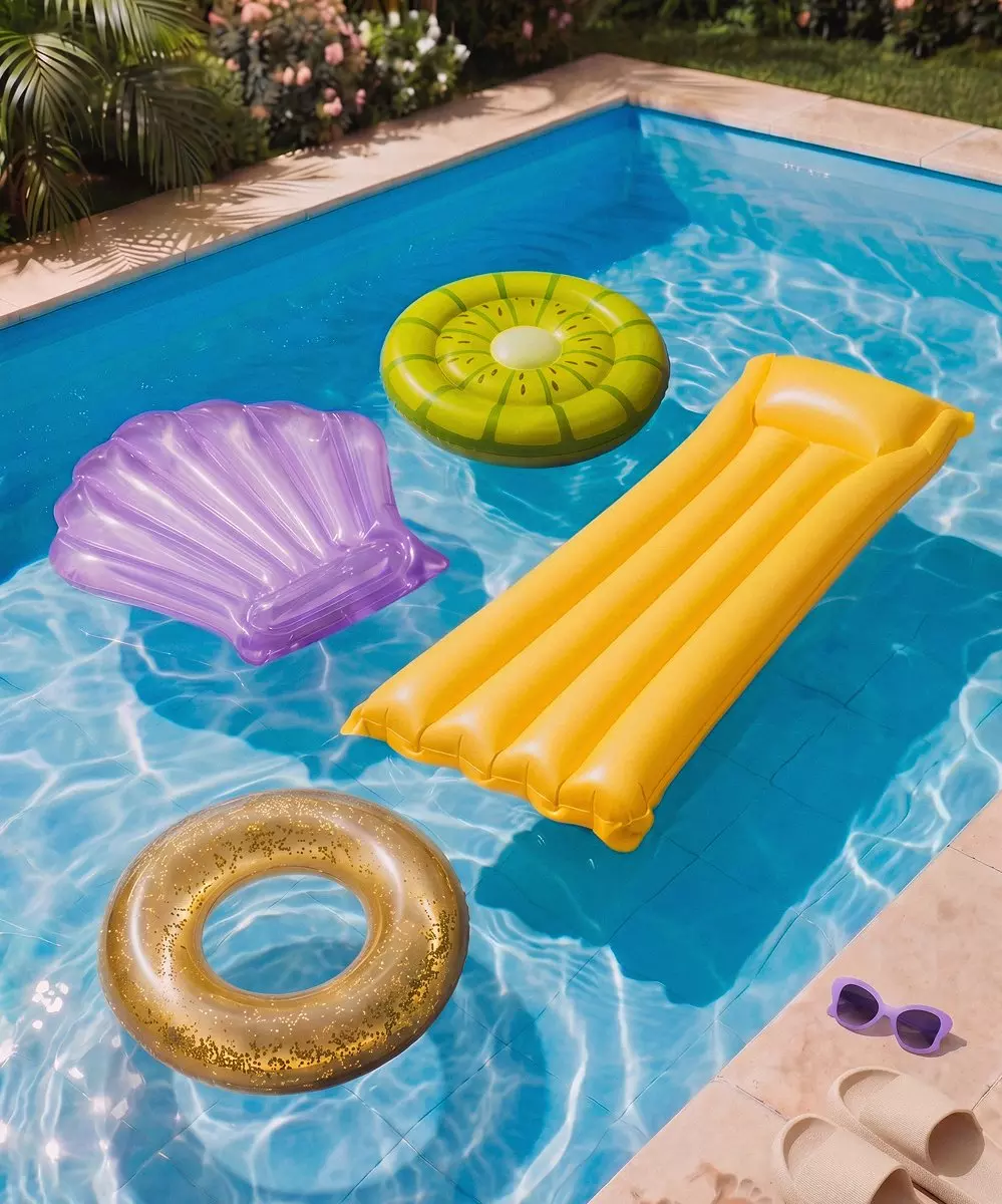 Pepco Poolspielzeug: Luftmatratze, Schwimmringe in Kiwi-, Muschel- und Glitzeroptik treiben im Pool.