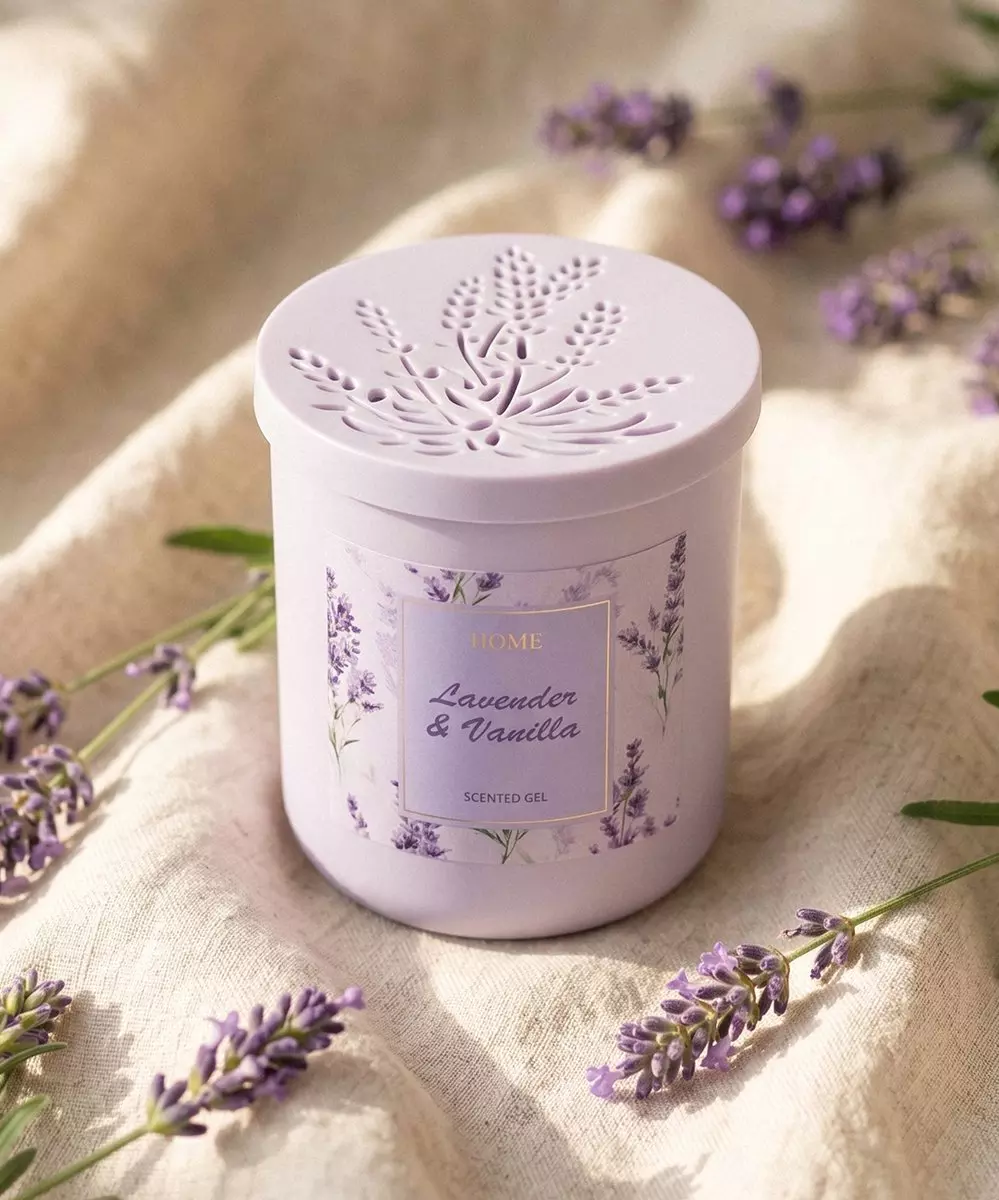 Gel parfumat Pepco Lavender & Vanilla în recipient mov cu capac decorativ, înconjurat de flori de lavandă.