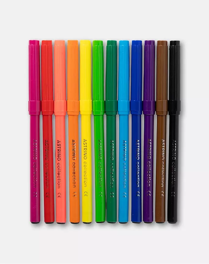 Set de 12 markere colorate Pepco aranjate în rând, de la roz la negru.